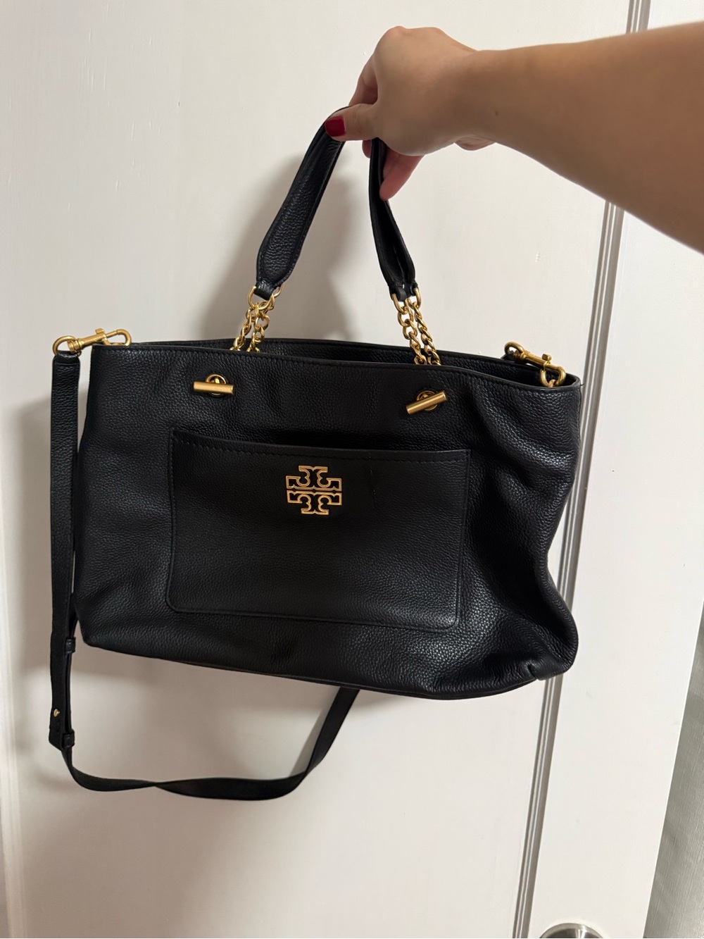 Tory Burch Black Pebbled Leather Tote with Gold Logo